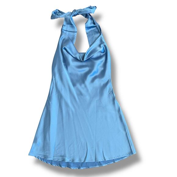 CantonWalker Blue Satin Halter Mini Dress M Backless Cowl Neck Tie - Picture 1 of 7
